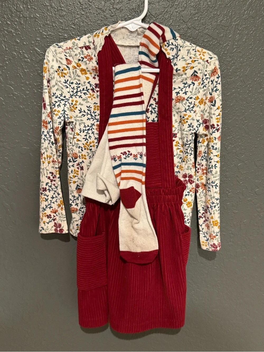 wonder nation Red Corduroy Pinafore Set with Floral Top